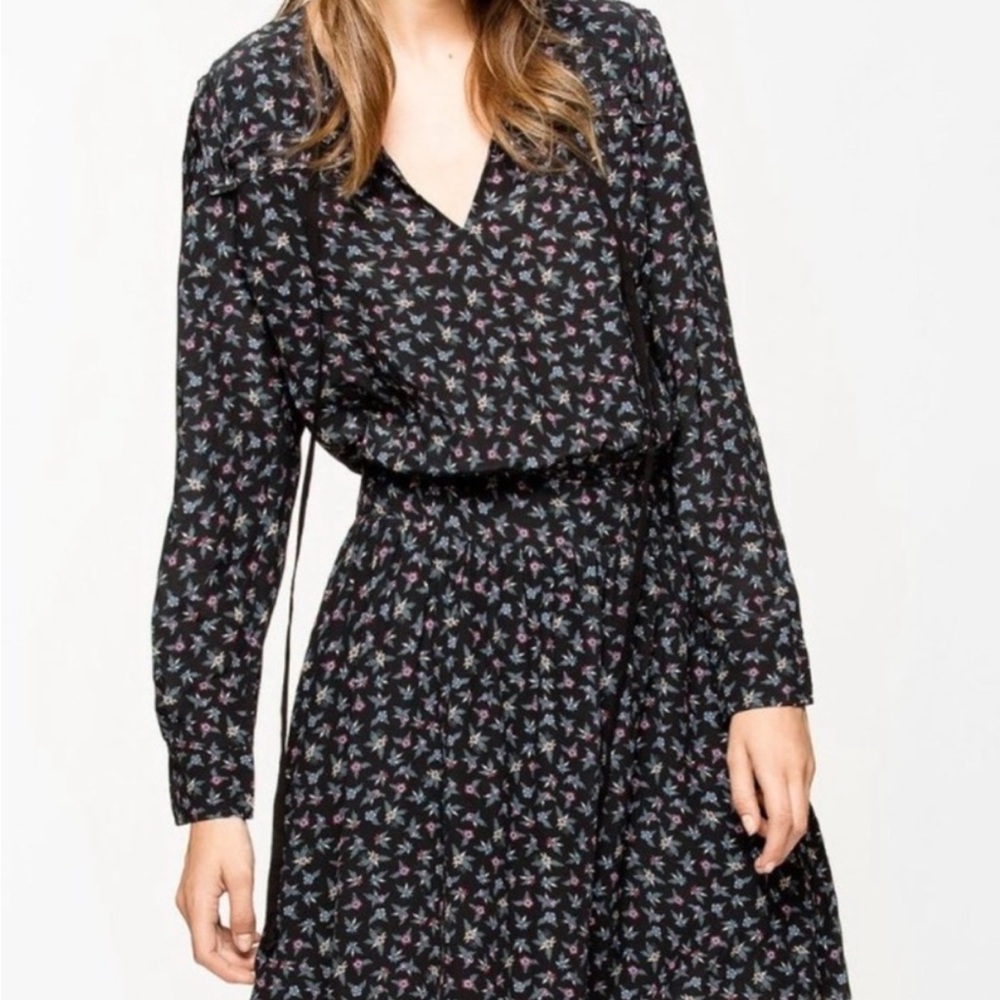Zadig & Voltaire Black Floral V-Neck Long Sleeve Midi Dress
